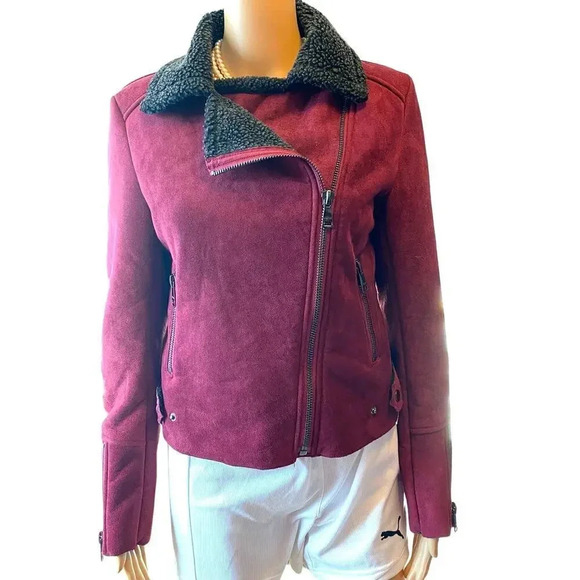 Y2K Vigoss Faux Fur Suede Burgundy Motorcycl Jacket Women S-M Pockets Full Zip - Picture 1 of 9